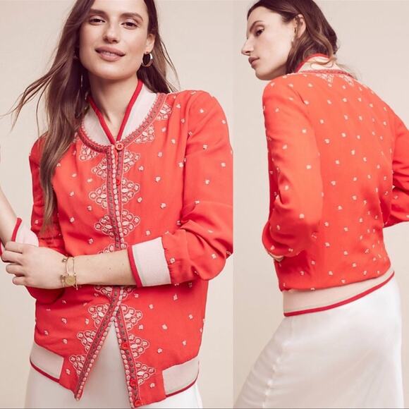 Anthropologie Conditions Apply Arabella Embroidered Red Bomber Jacket Size Small - Picture 1 of 9